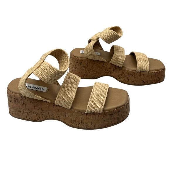 Steve Madden Sashes Cork Ankle Strap Flatform Sandals Raffia Beige Size 6M - Picture 5 of 8